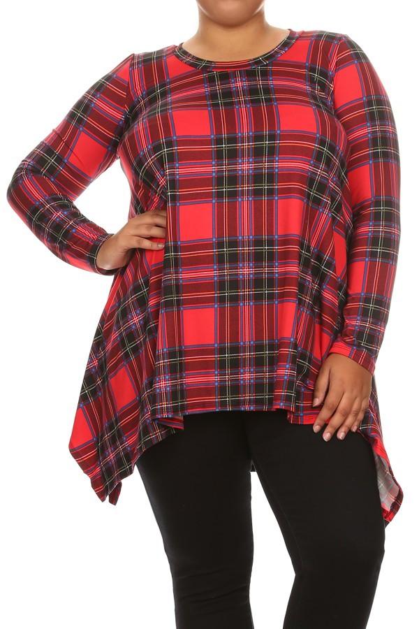 Plus Size Plaid Printed Knit Tunic Top With Long Sleeves - Redplaid