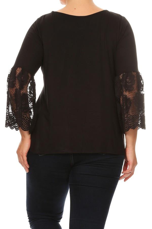Plus Size Solid Waist Length Long Sleeve Top With Crew Neck - Black