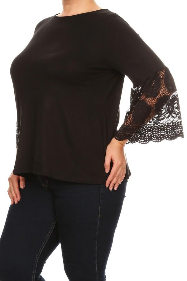 Plus Size Solid Waist Length Long Sleeve Top With Crew Neck - Black