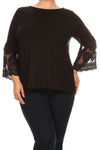 Plus Size Solid Waist Length Long Sleeve Top With Crew Neck - Black