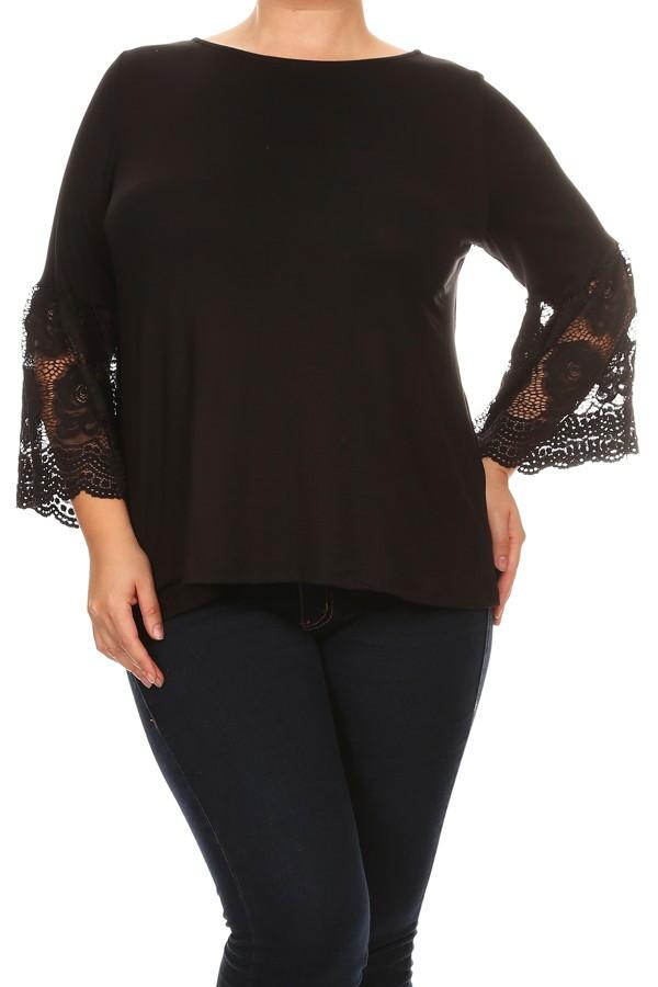 Plus Size Solid Waist Length Long Sleeve Top With Crew Neck - Black