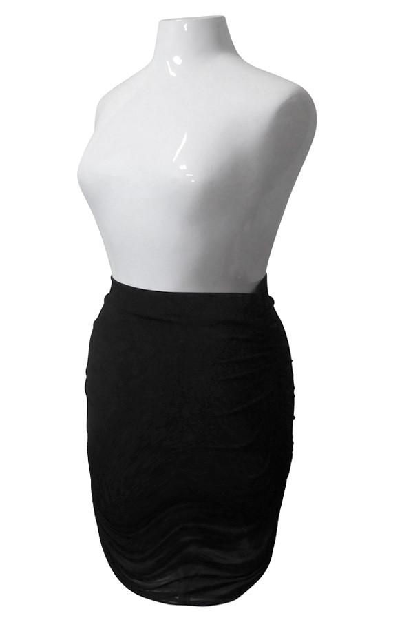 Plus Size Mesh Overlay Ruched Pencil Skirt [SALE]