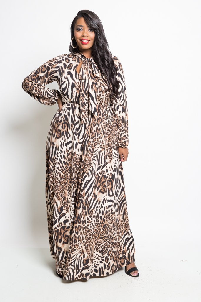 Plus Size Leopard Neck Ribbon Tie Maxi Dress