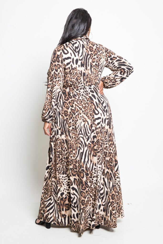 Plus Size Leopard Neck Ribbon Tie Maxi Dress