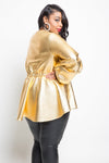 Plus Size Puff Sleeve Faux Leather Peplum Top [SALE]