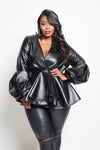 Plus Size Puff Sleeve Faux Leather Peplum Top [SALE]