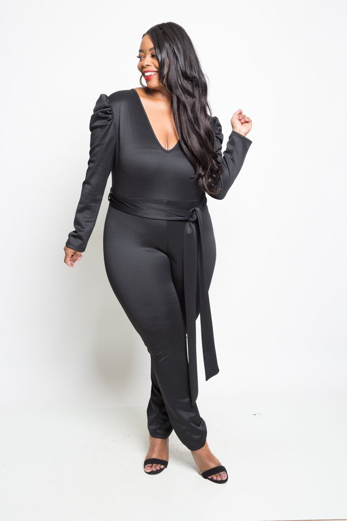 Plus Size Belted Ruched Sleeve Bodycon Jumpsuit