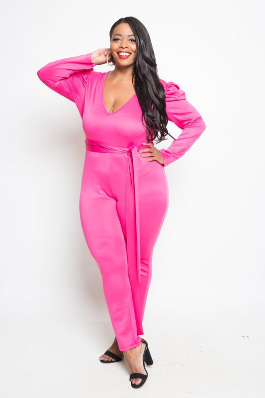 Plus Size Belted Ruched Sleeve Bodycon Jumpsuit