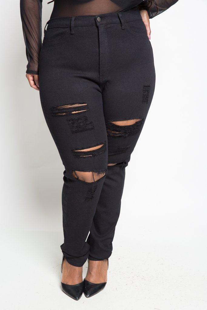 Plus Size Black High Waist Ripped Jeans
