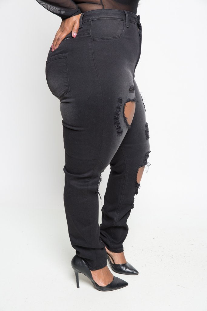 Plus Size Washed and Destroyed Black Skinny Jeans [SALE]