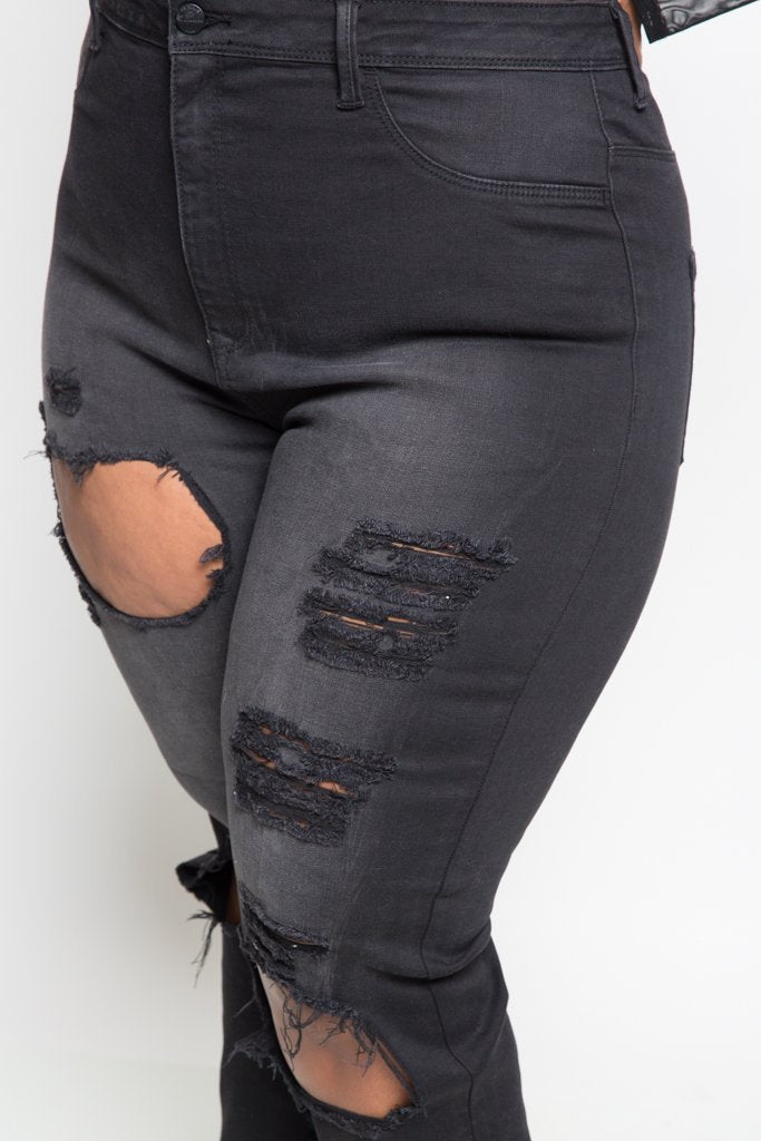 Plus Size Washed and Destroyed Black Skinny Jeans [SALE]