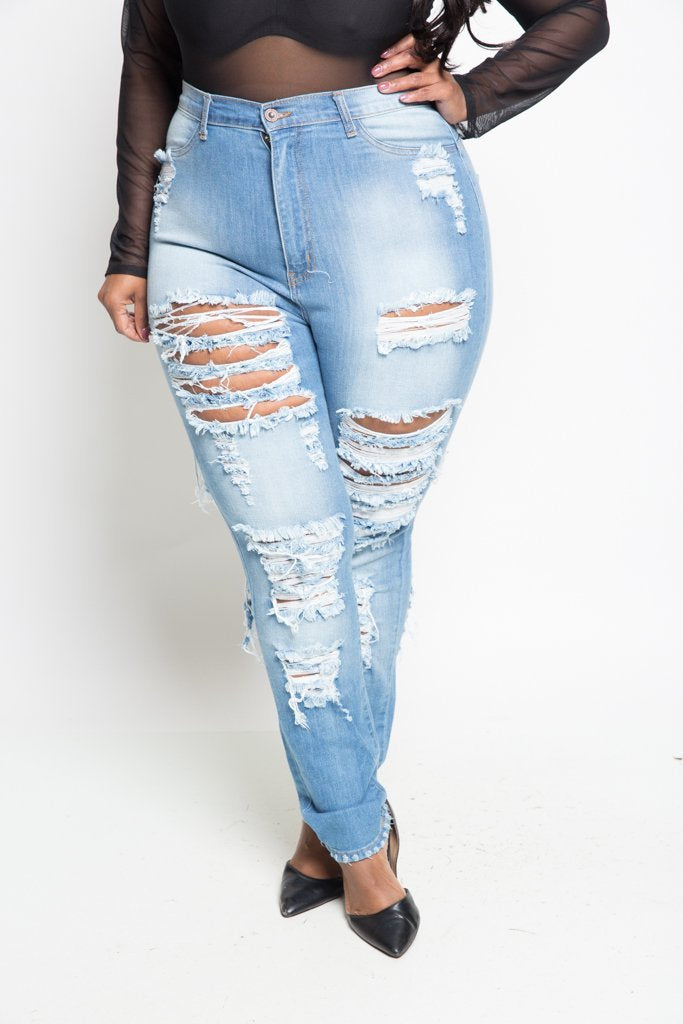 Plus Size Light Blue Destroyed Skinny Jeans [SALE]