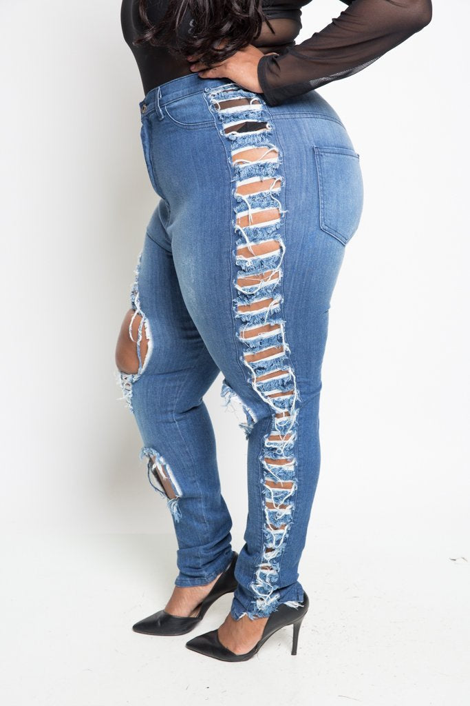 Plus Size High Fashion Side Sliced Skinny Jeans