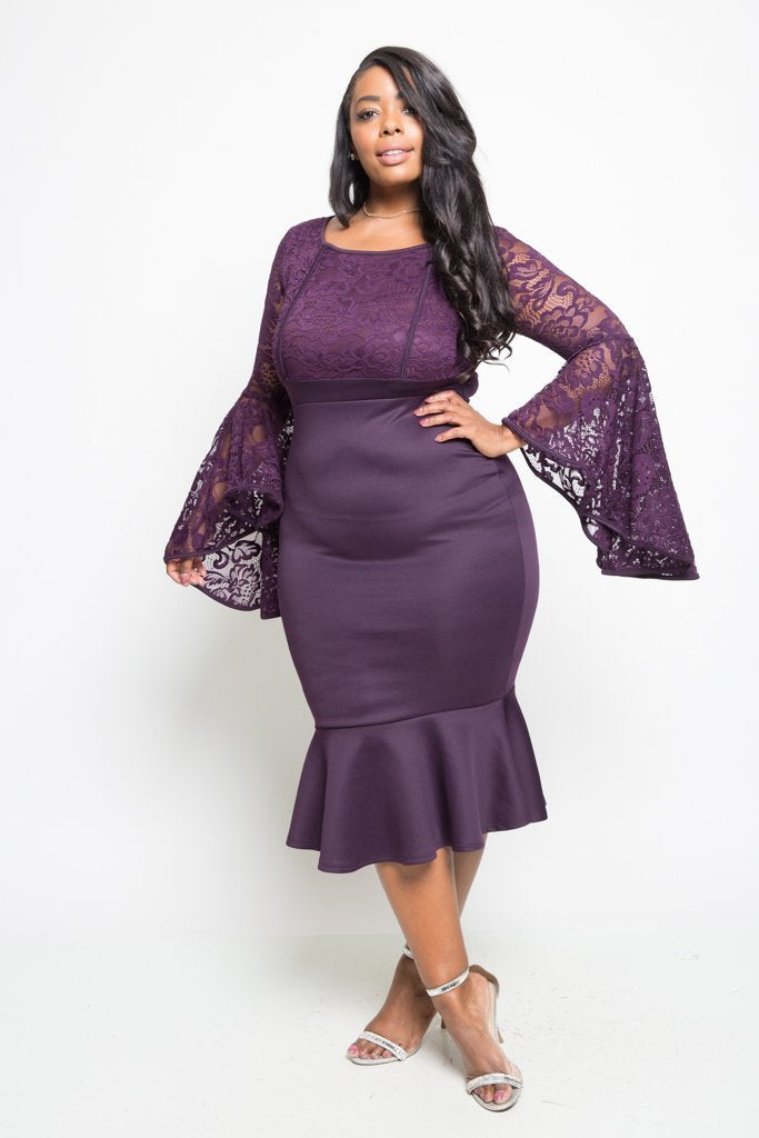 Plus Size See Through Lace Ruffle Midi Dress
