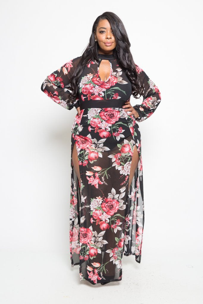 Plus Size Double Slit Flowy Floral Maxi Dress