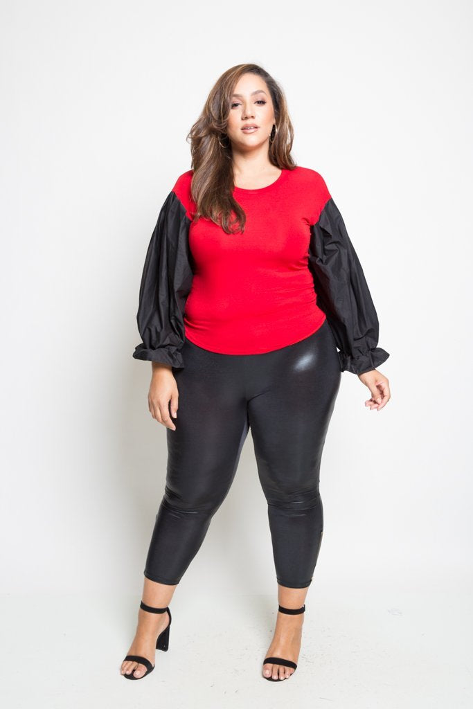 Plus Size Contrast Bubble Sleeved Solid Top