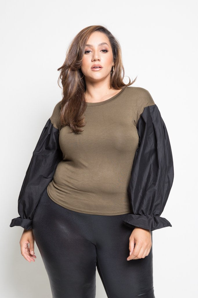 Plus Size Contrast Bubble Sleeved Solid Top