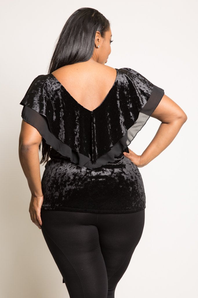 Plus Size V-neck Flounce Soft Velvet Top