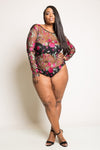 Plus Size Rose Embroidery See Through Mesh Bodysuit