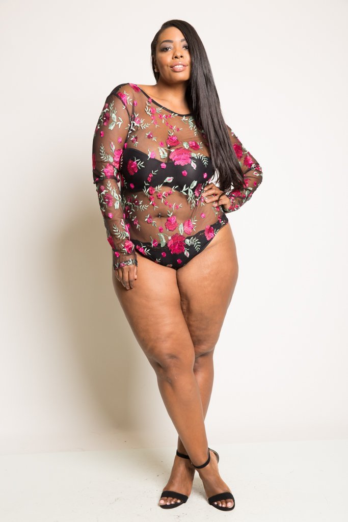 Plus Size Rose Embroidery See Through Mesh Bodysuit