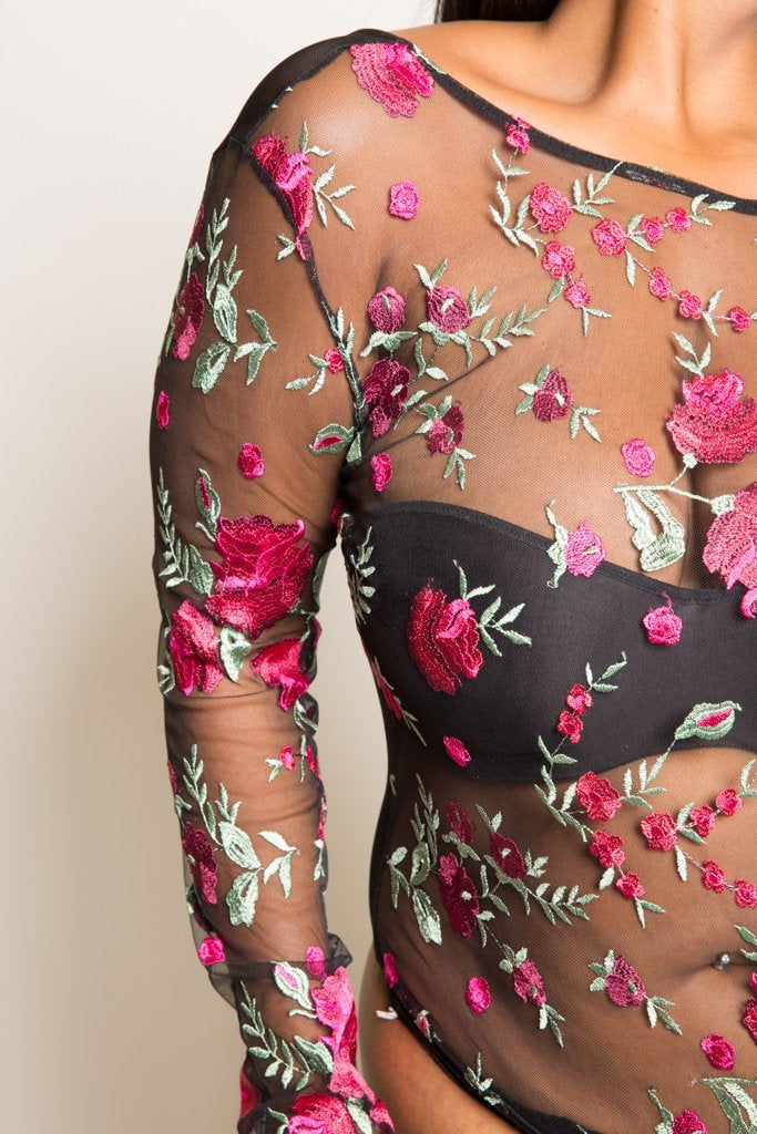 Plus Size Rose Embroidery See Through Mesh Bodysuit