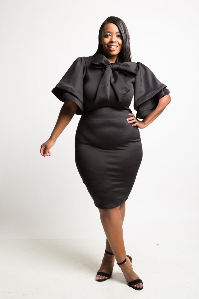 Plus Size Mandarin Neck Tie Midi Dress [SALE]