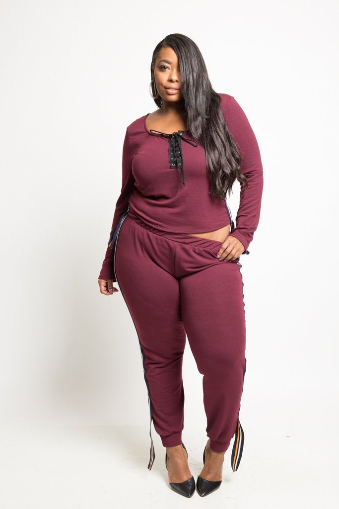 Plus Size Lace Up Top and Jogger Set