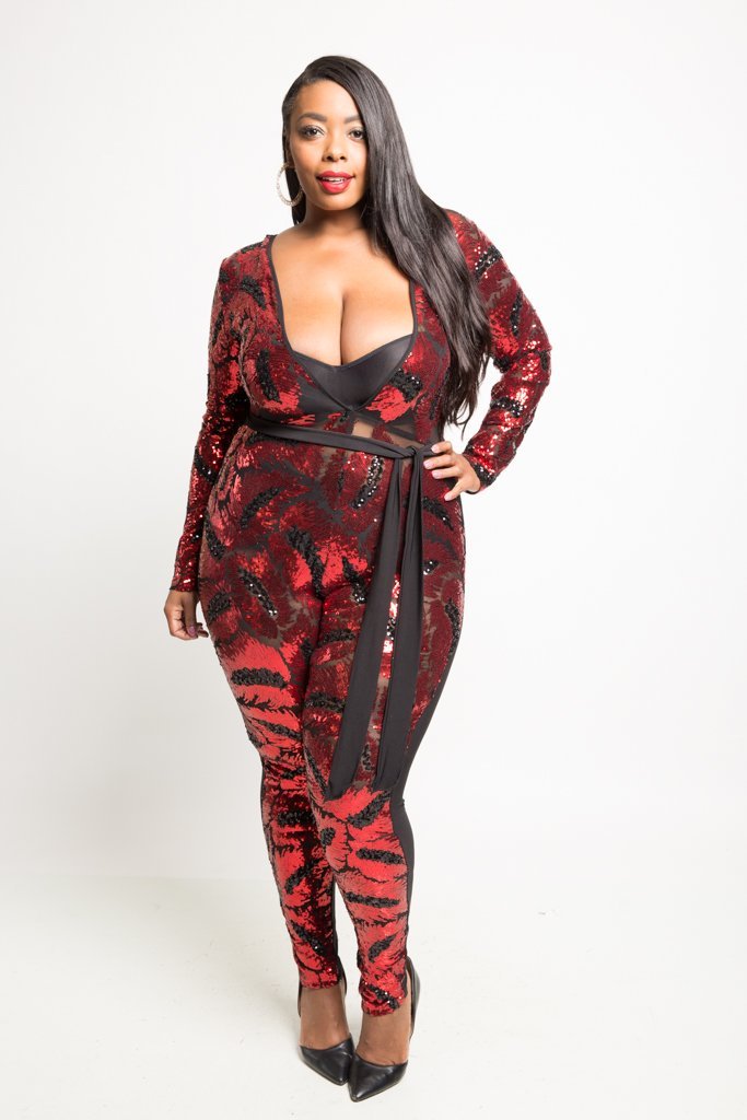 Plus Size Sparkling Deep V-Neck Sequin Jumpsuit