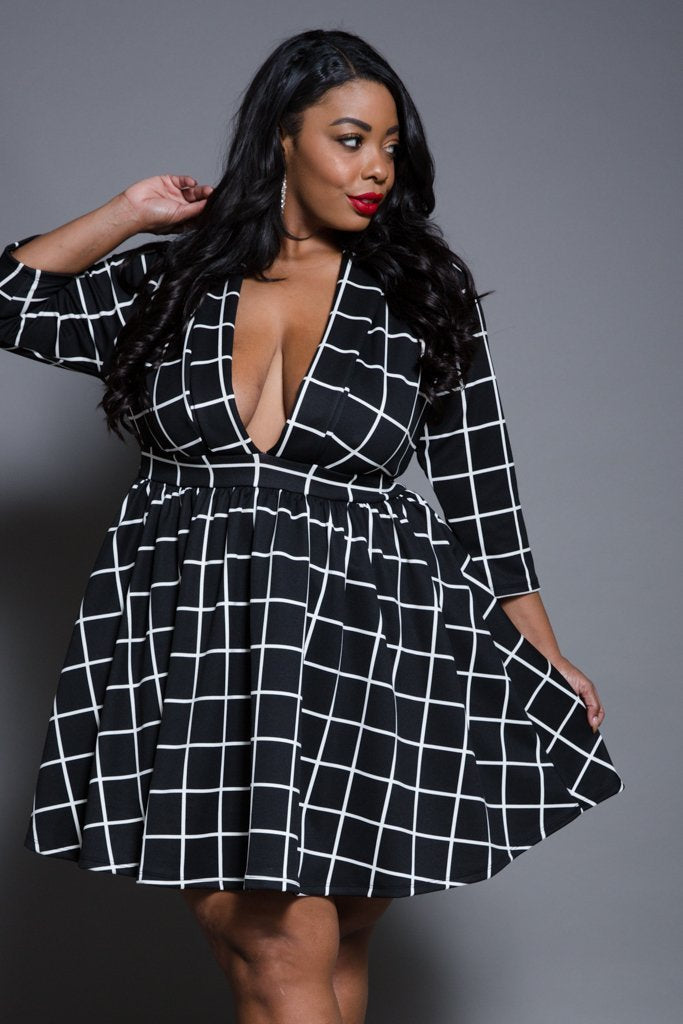 Plus Size Grid Fashion Skater Dress