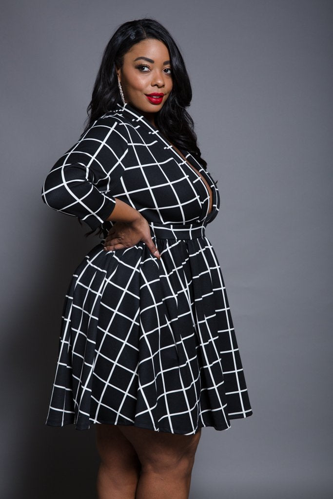 Plus Size Grid Fashion Skater Dress