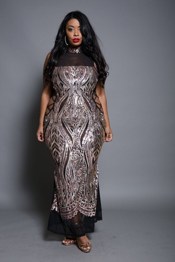 Plus Size Lace Up Sides Sequin Maxi Dress