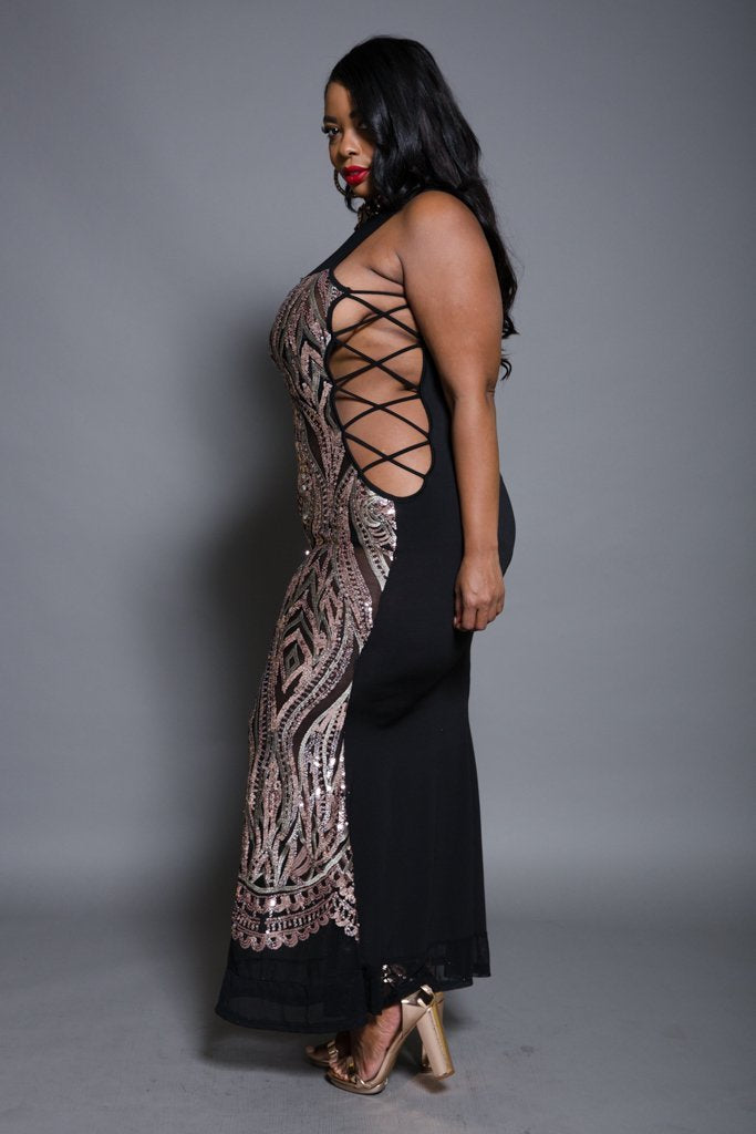 Plus Size Lace Up Sides Sequin Maxi Dress