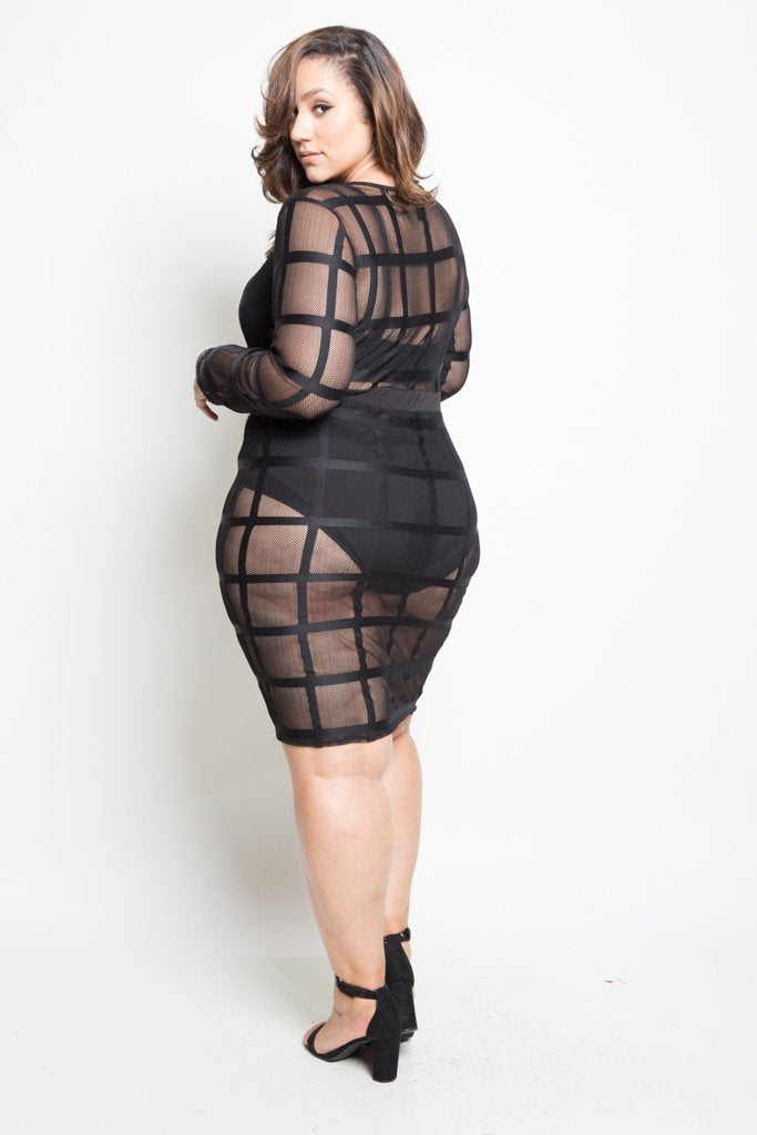 Plus Size Designer Showstopper Detailed Mesh Grid Dress