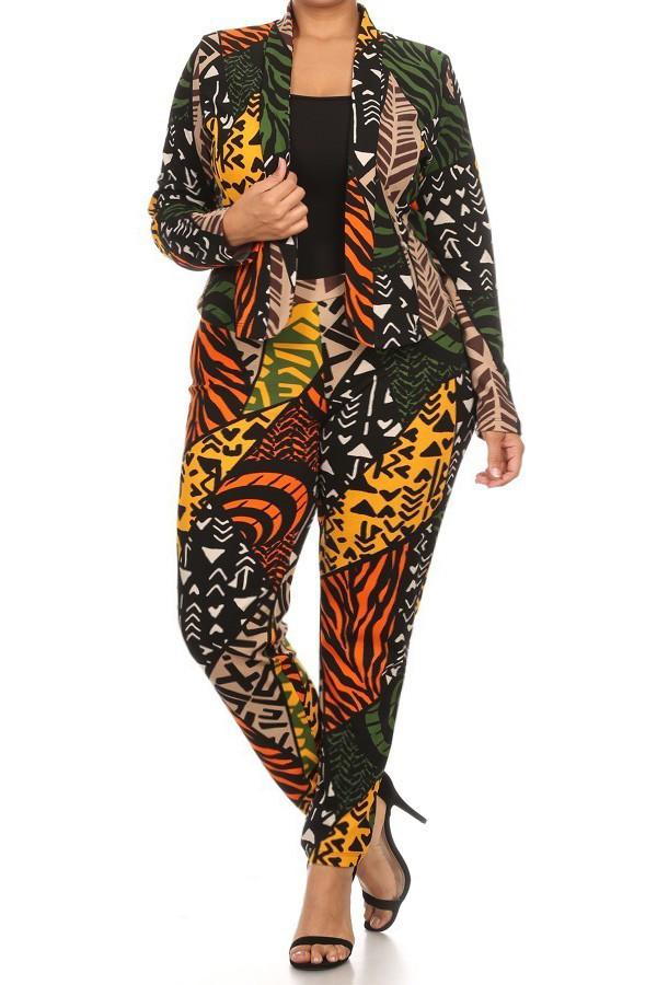 Vivid Tribal Print Plus Size Blazer Pants Set