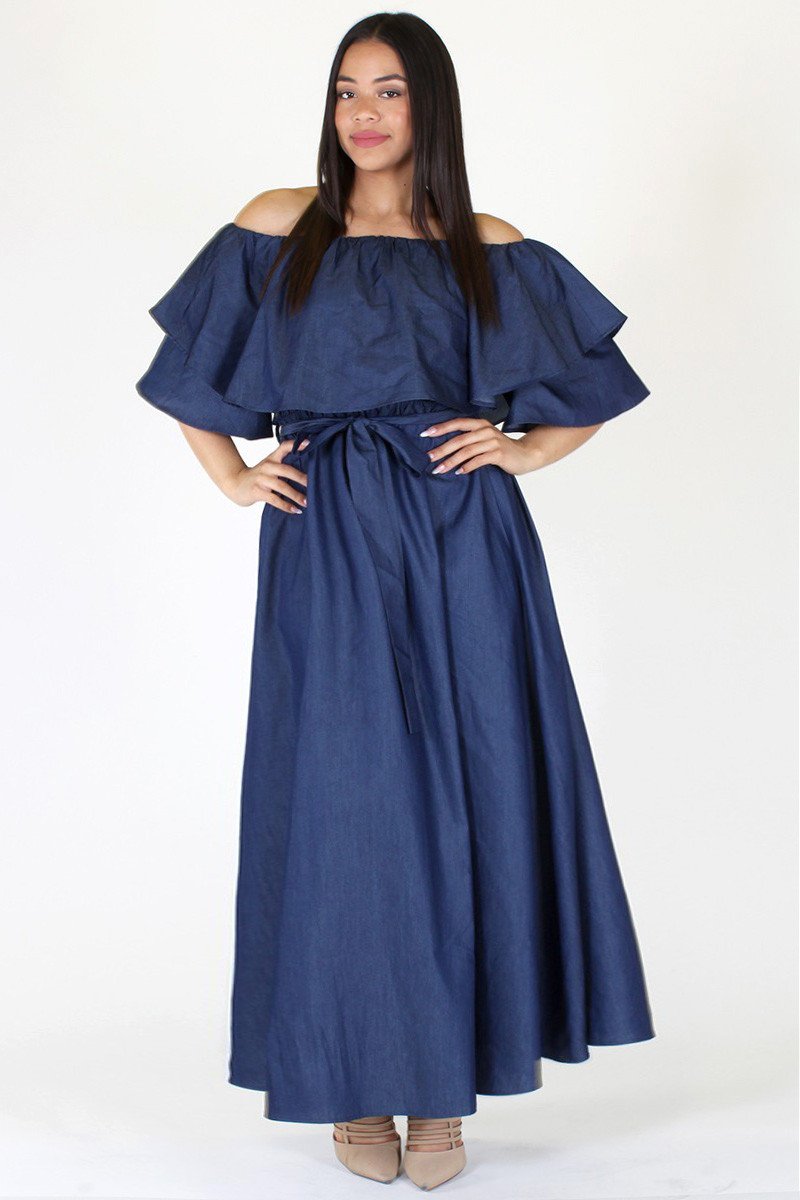 Plus Size Stunning Flounce Neckline Denim Maxi Dress