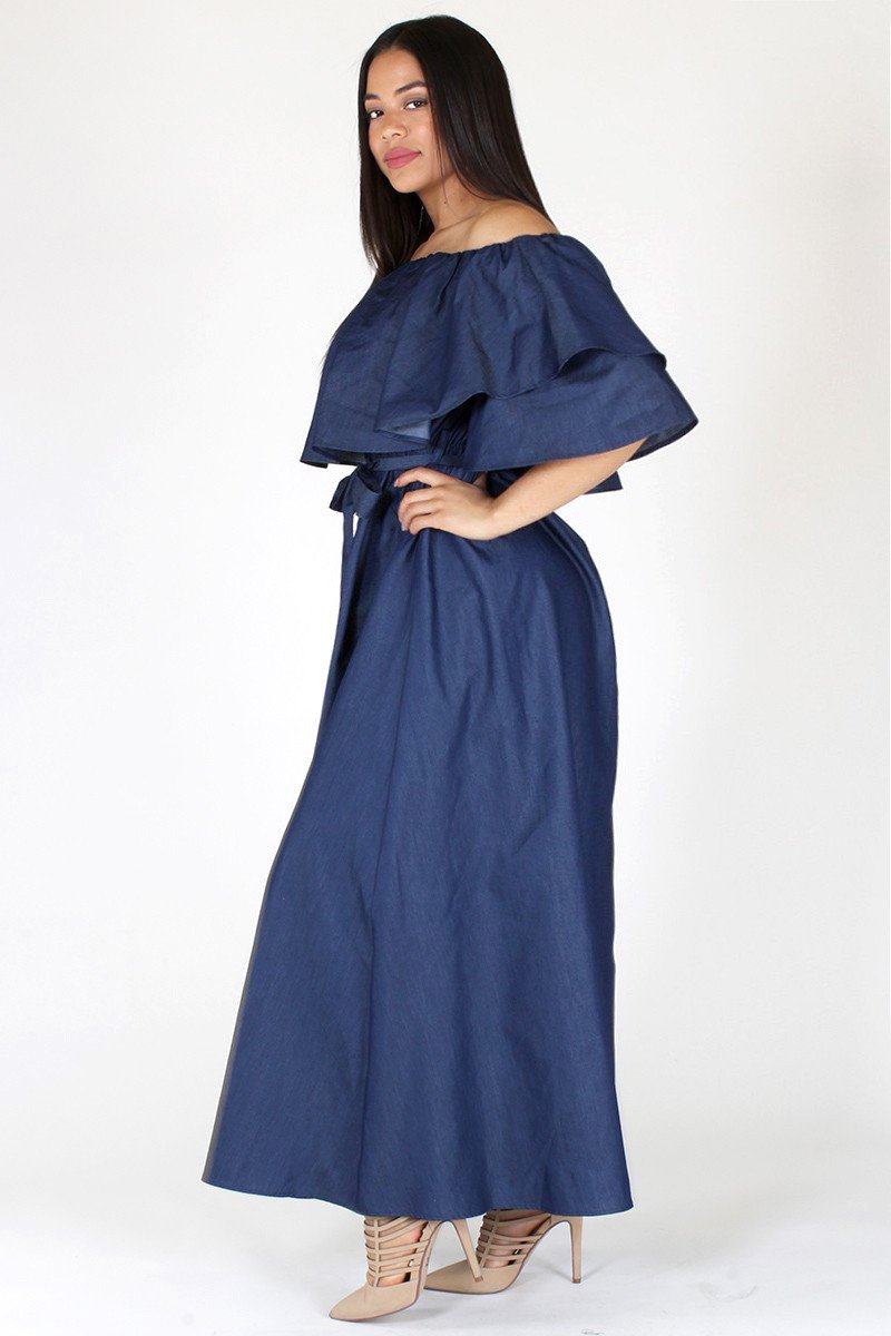 Plus Size Stunning Flounce Neckline Denim Maxi Dress