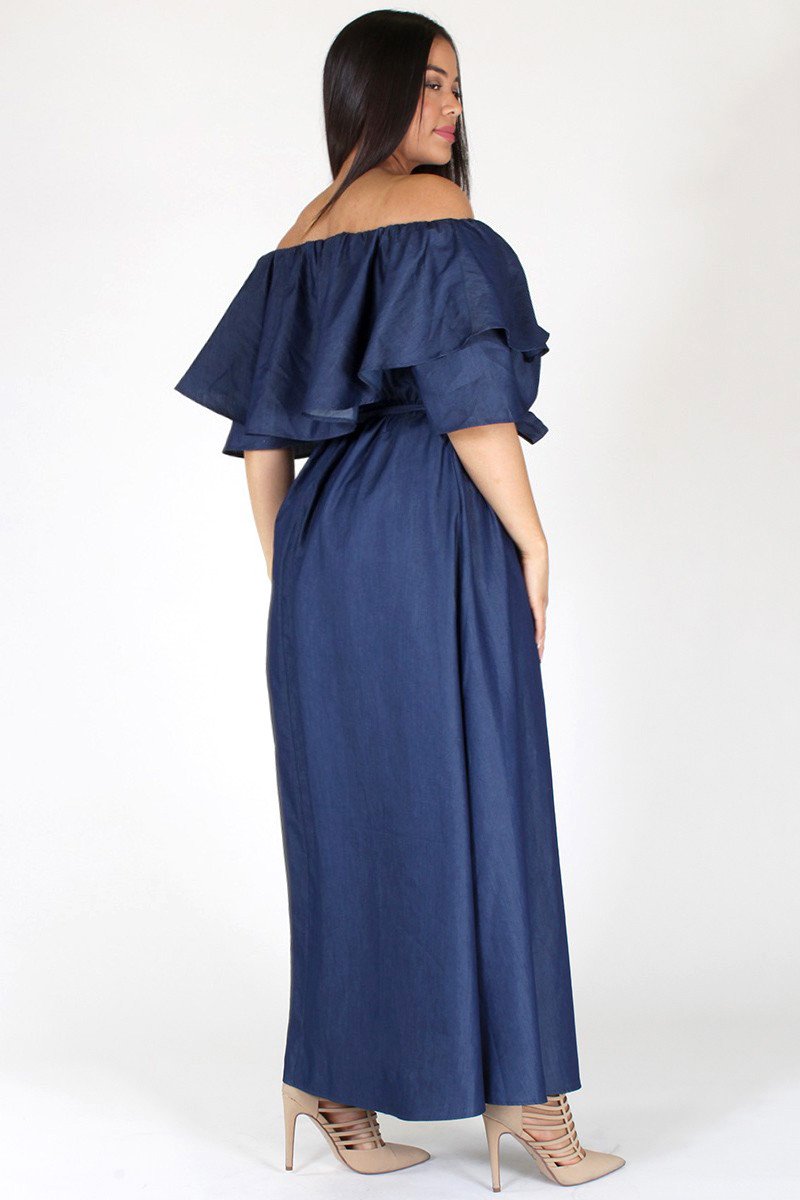 Plus Size Stunning Flounce Neckline Denim Maxi Dress