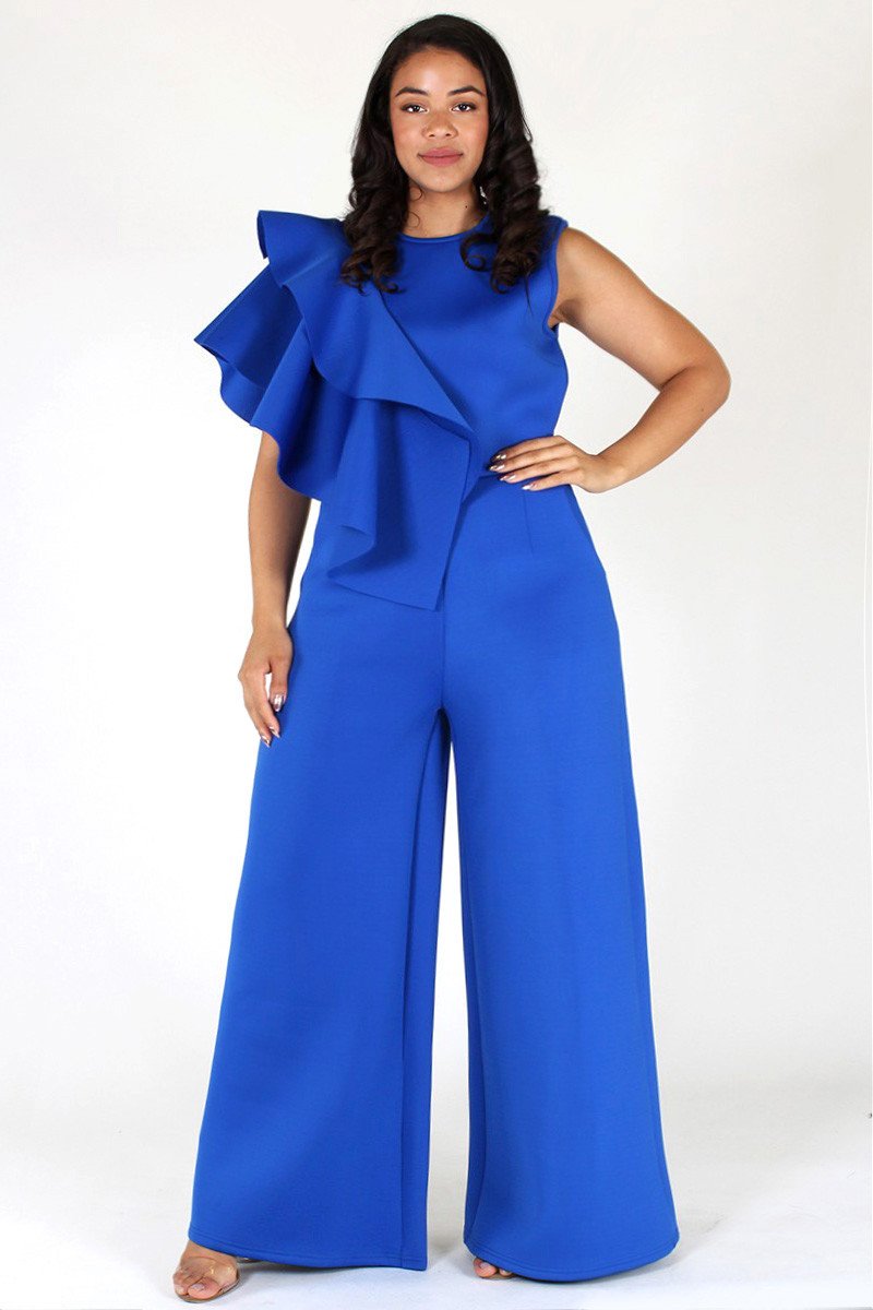 Plus Size Ruffled Trim Side Maxi Leg Jumpsuit