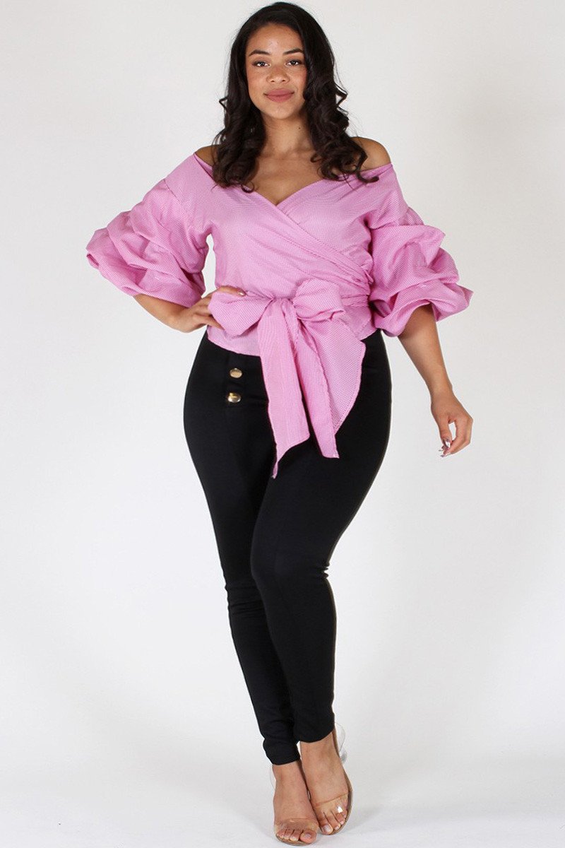 Plus Size Bow Cutie Wrap Ruffled Top