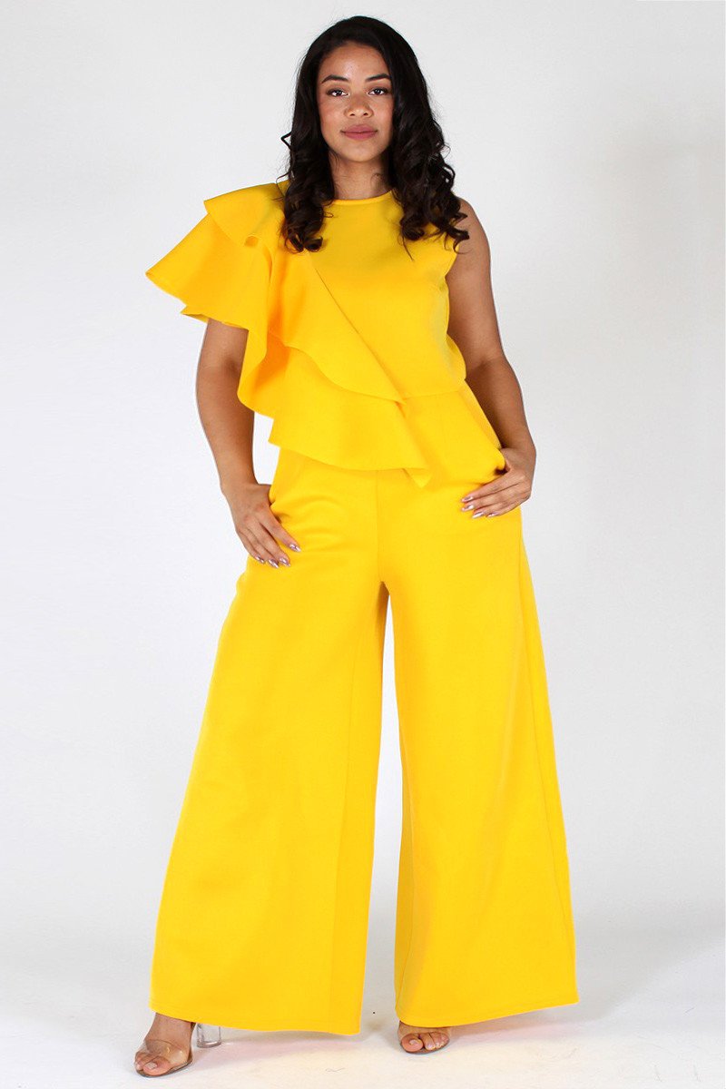 Plus Size Ruffled Trim Side Maxi Leg Jumpsuit