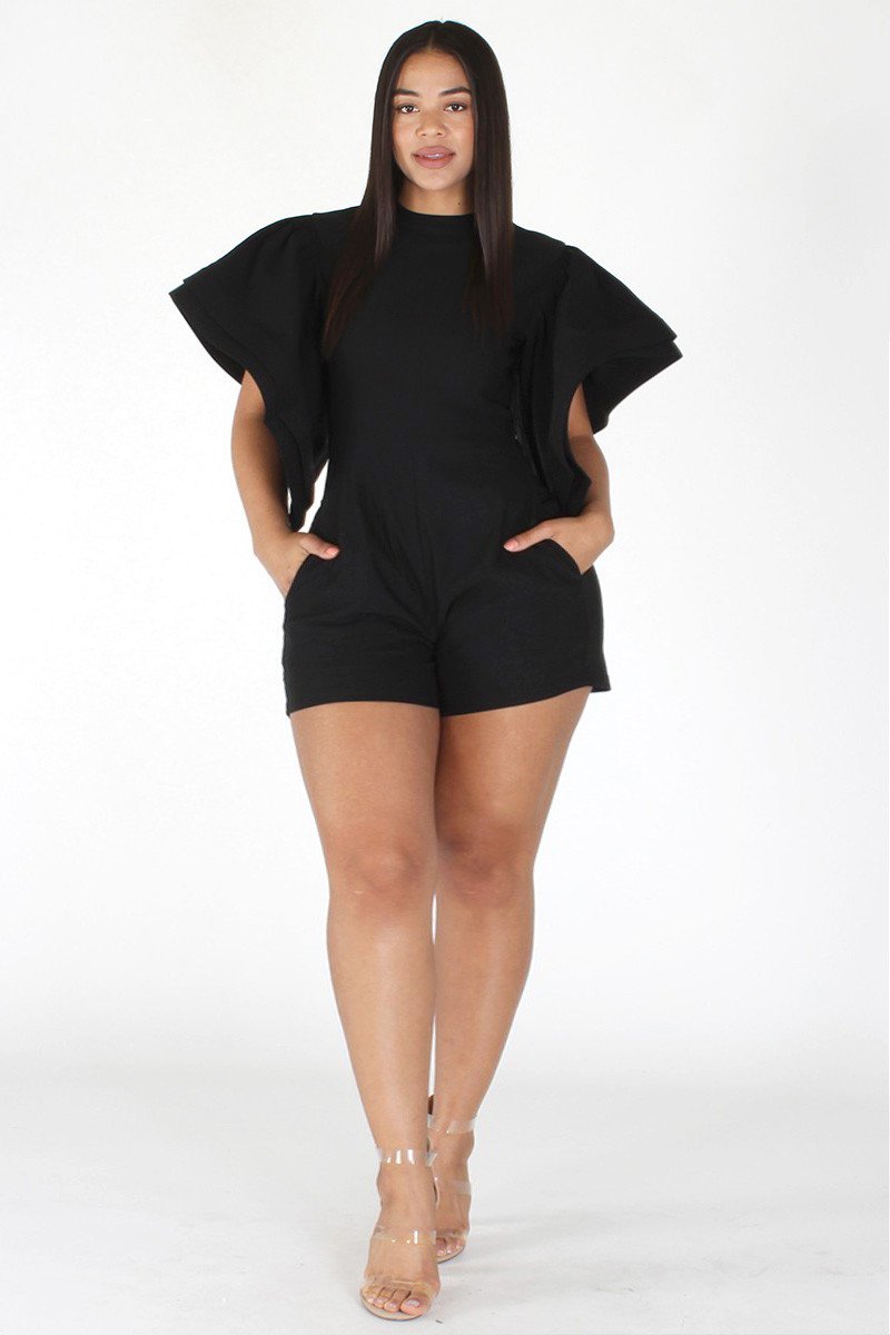 Plus Size Sleek Layered Ruffled Sleeve Bodycon Romper