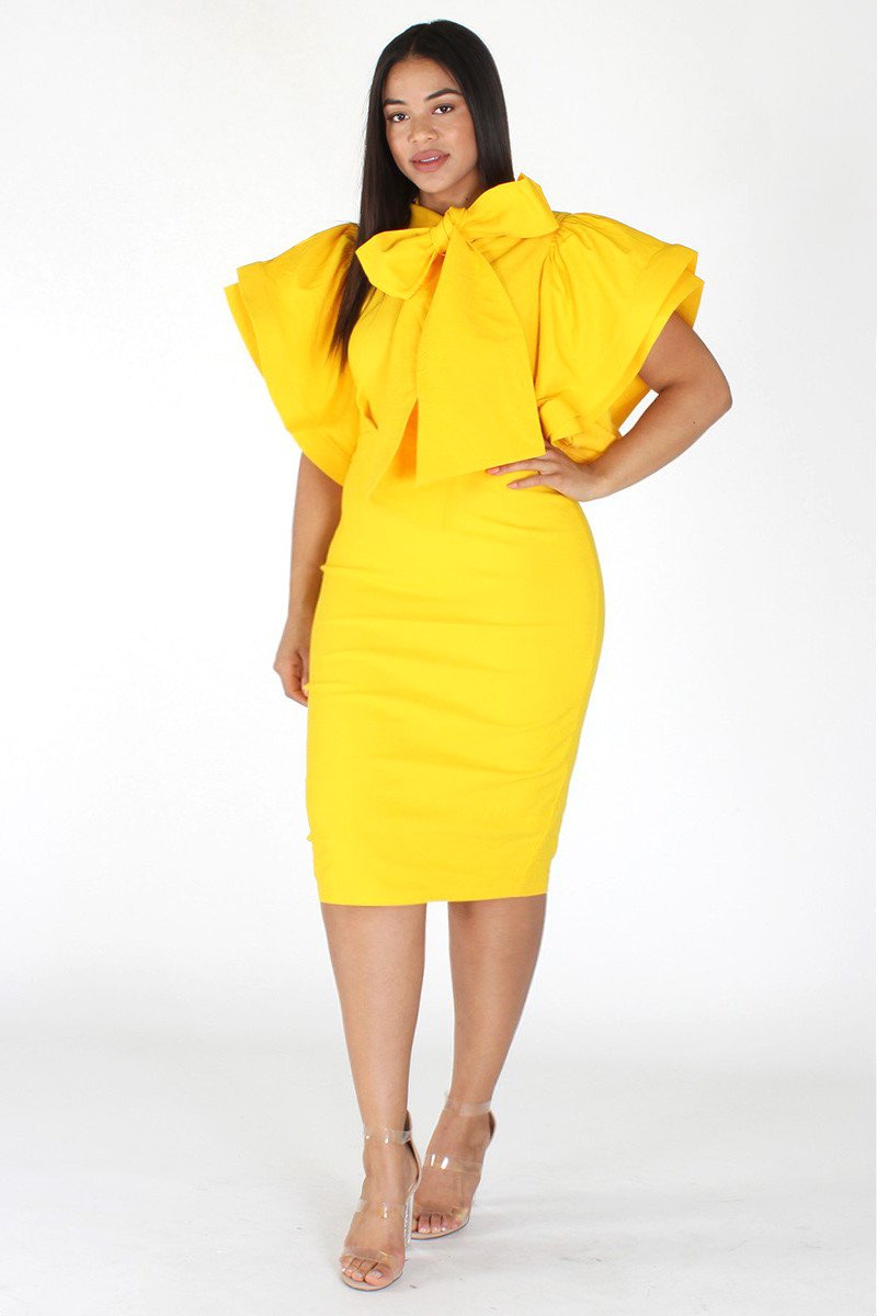 Plus Size Lovable Bow Necktie Ruffle Sleeves Dress