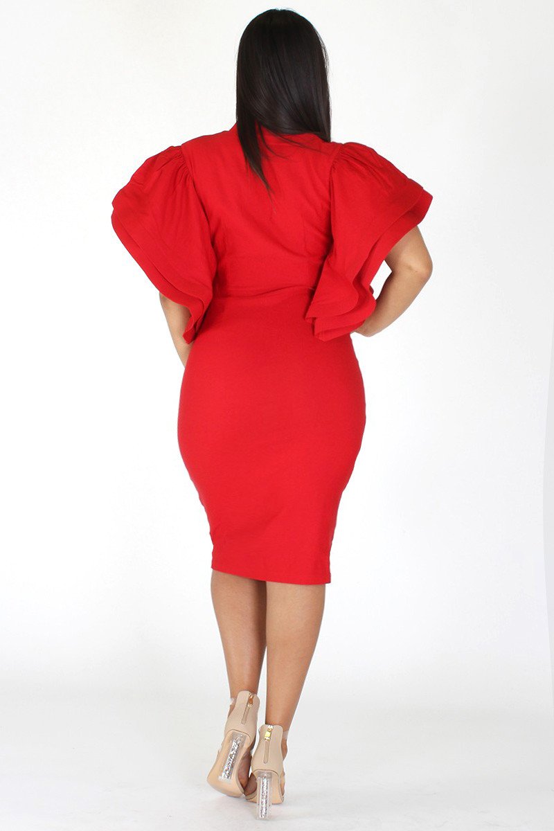 Plus Size Lovable Bow Necktie Ruffle Sleeves Dress