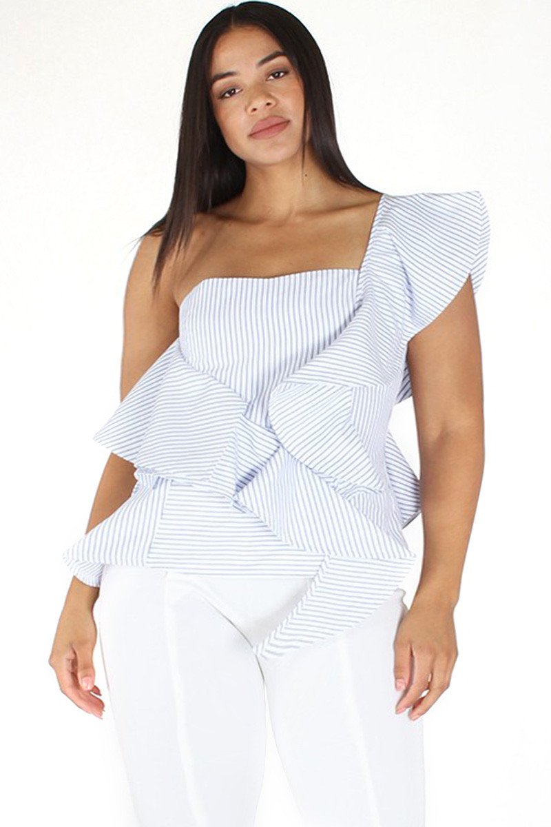 Plus Size Summer BAE Ruffled Seersucker Stripe Peplum Top