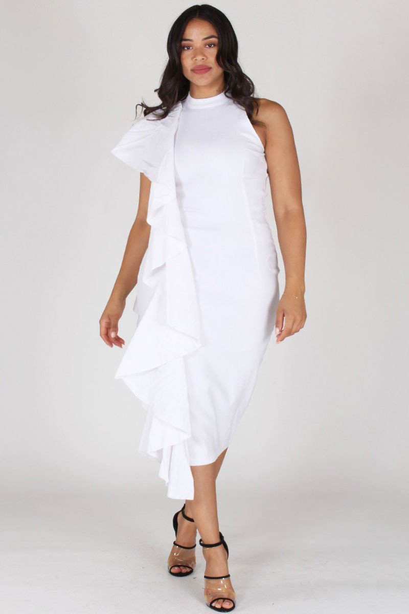 Plus Size Glam Sleeveless Ruffled Side Trim Dress White [SALE]