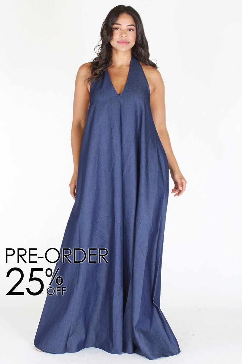 Plus Size Denim Goddess V Neck Maxi Dress [PRE-ORDER 25% OFF]