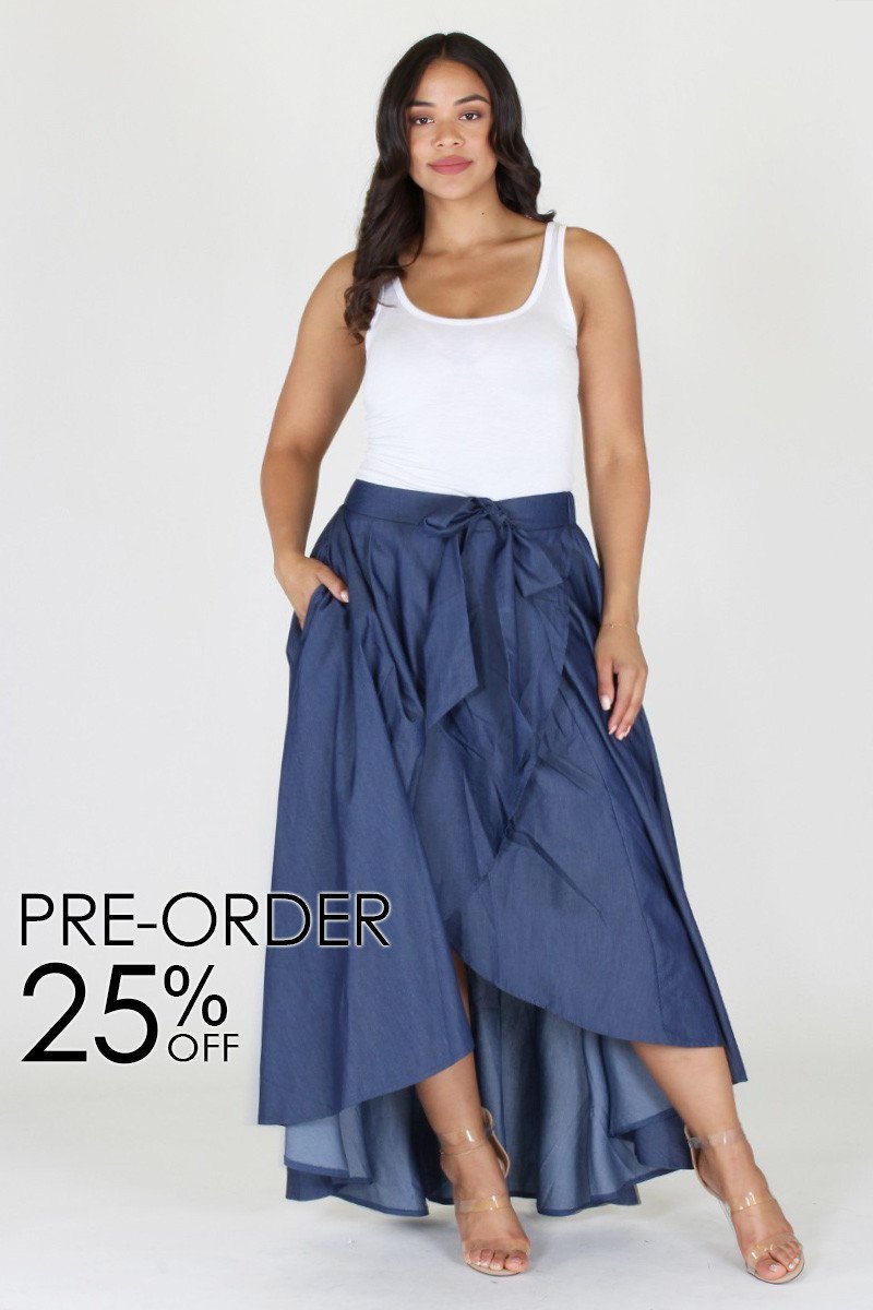 Plus Size Ribbon Tie Denim Drape Skirt [PRE-ORDER 25% OFF]
