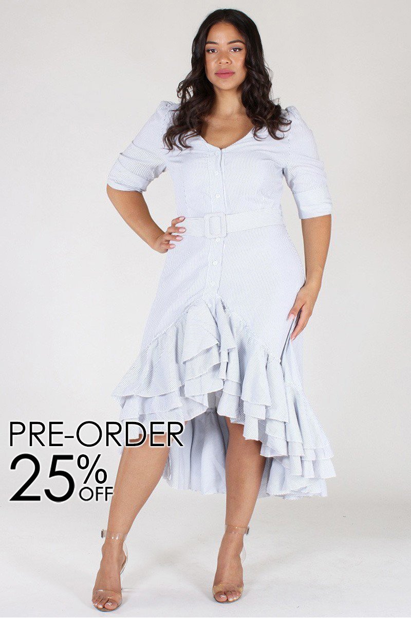 Plus Size Striped Sweetheart Ruffled Skirt Belted Dress [PRE-ORDER 25% OFF]