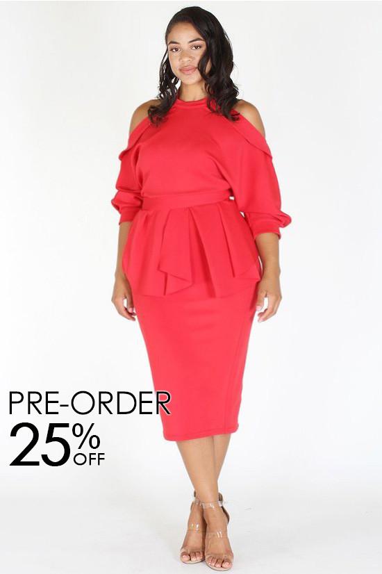 Plus Size Glow Up Off Shoulder Waist Tie Peplum Dress [PRE-ORDER 25% OFF]