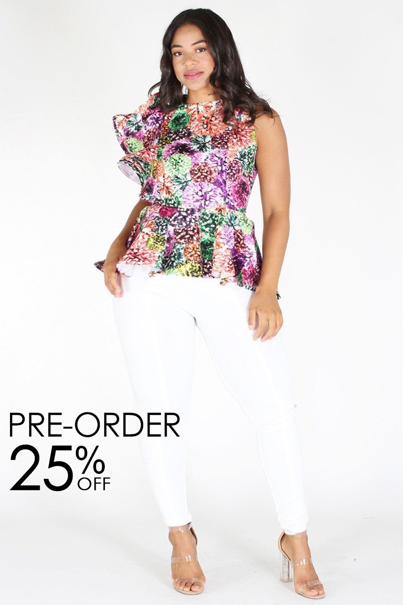 Plus Size Vibrant Ruffle Shoulder Floral Peplum Top [PRE-ORDER 25% OFF]